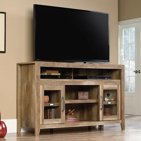 Rustic Finish Entertainment Credenza with Glass Doors and Adjustable Shelves